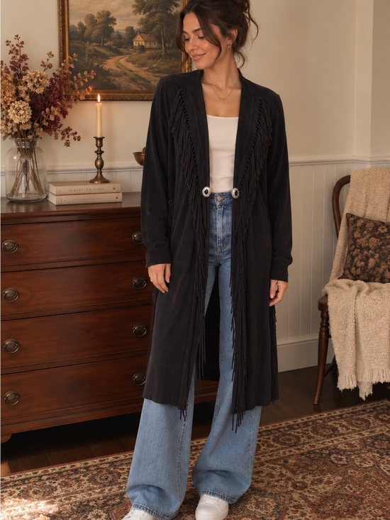 Wrangler Sweaters - Wrangler Black Long Fringe Open-Front Cardigan